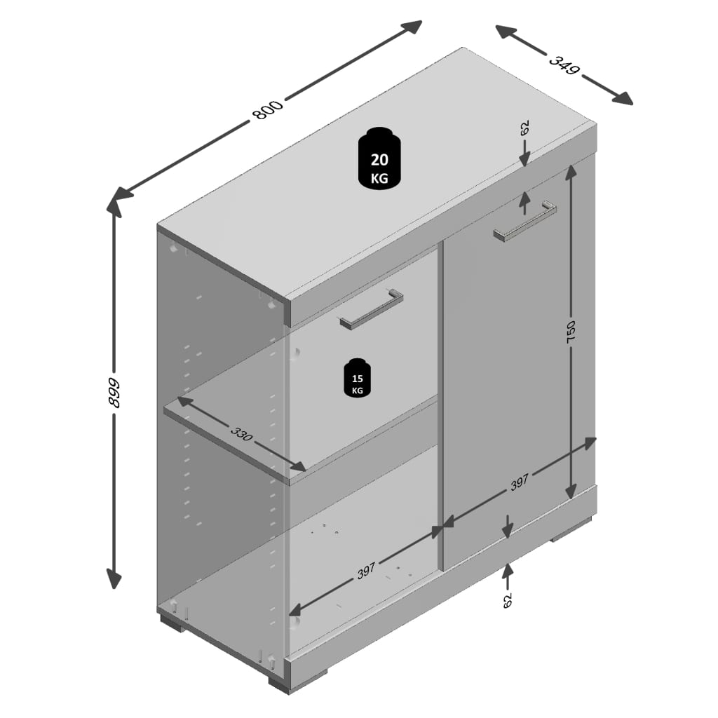 FMD kommode med 2 låger 80 x 34,9 x 89,9 cm hvid og betongrå