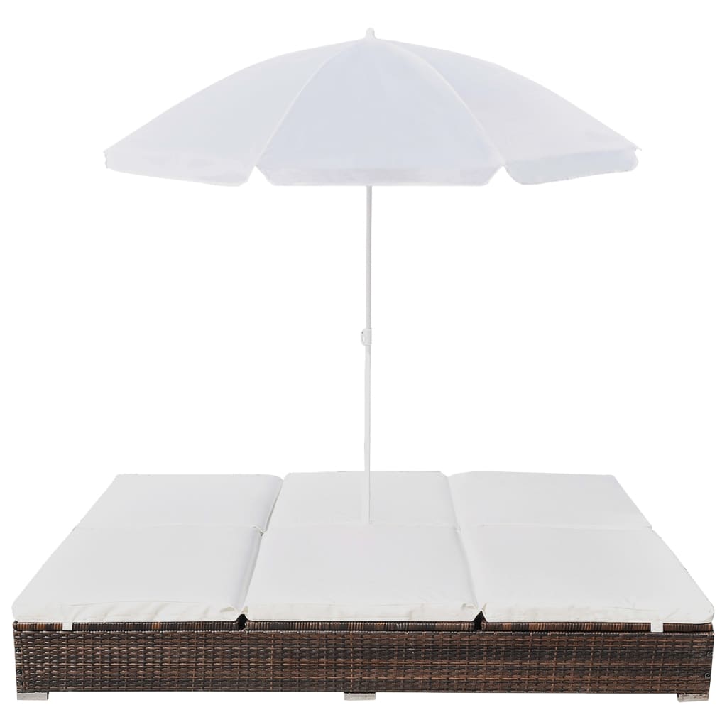 loungeseng med parasol polyrattan brun