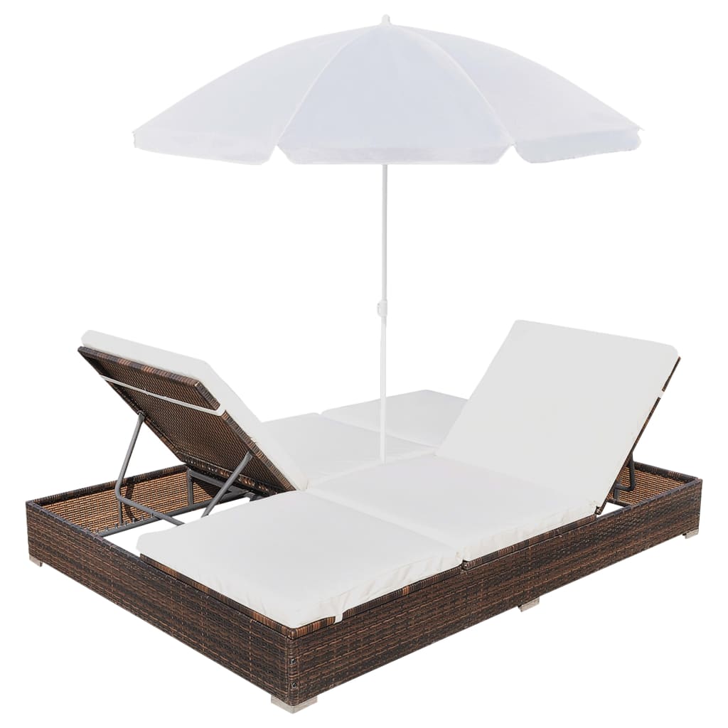 loungeseng med parasol polyrattan brun