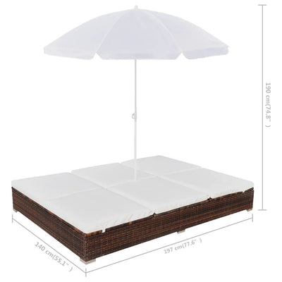 loungeseng med parasol polyrattan brun