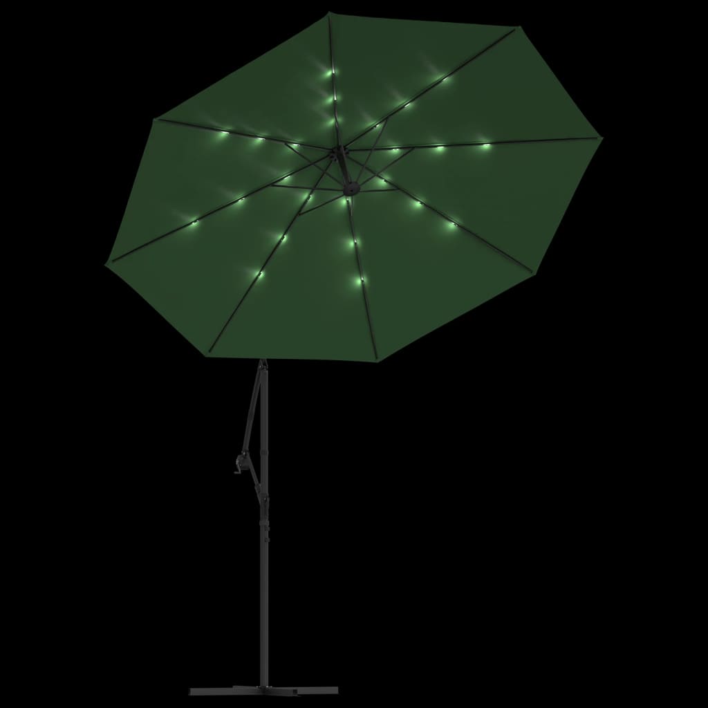 hængende parasol med LED-belysning 300 cm grøn metalstang