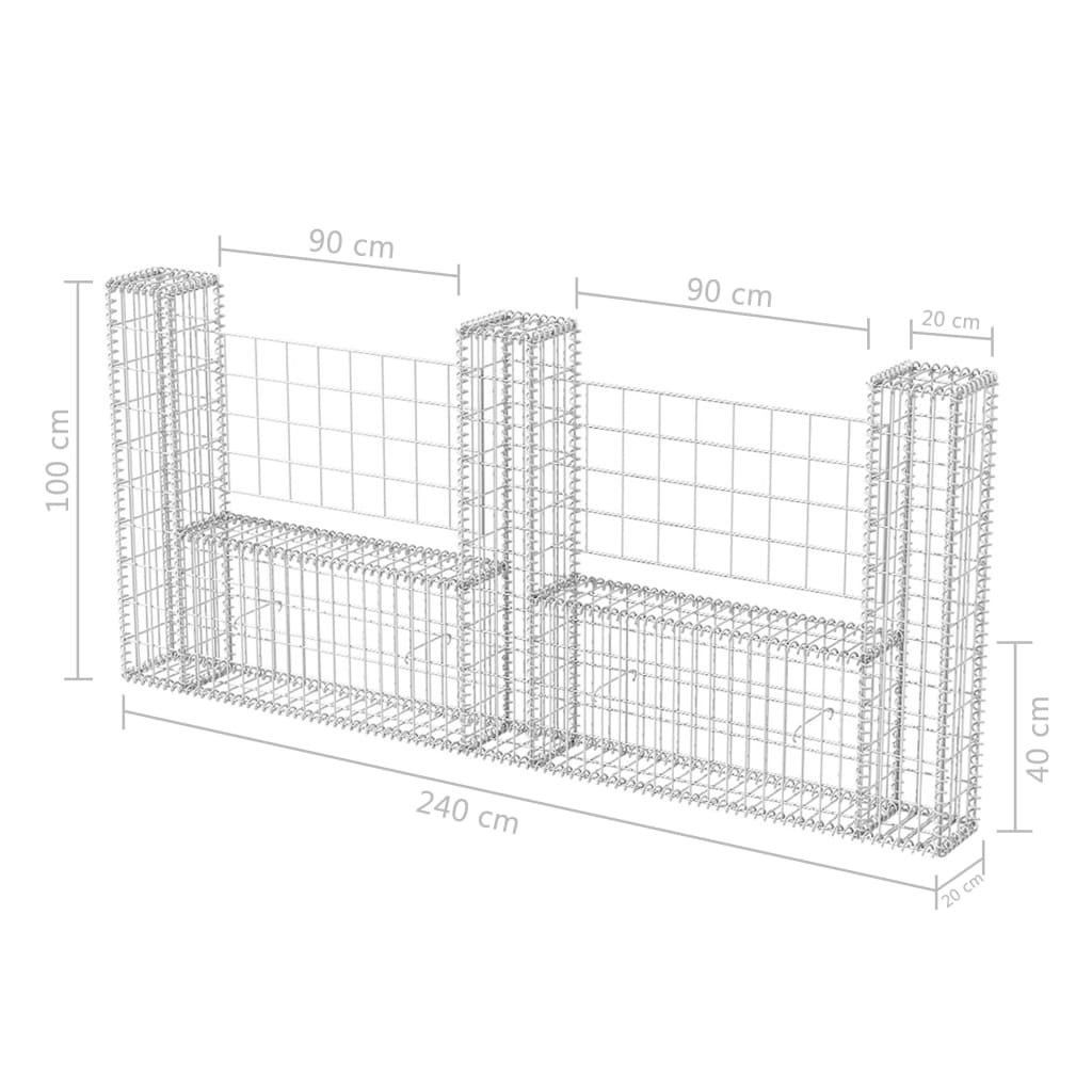 gabionkurv U-facon galvaniseret stål 240x20x100 cm