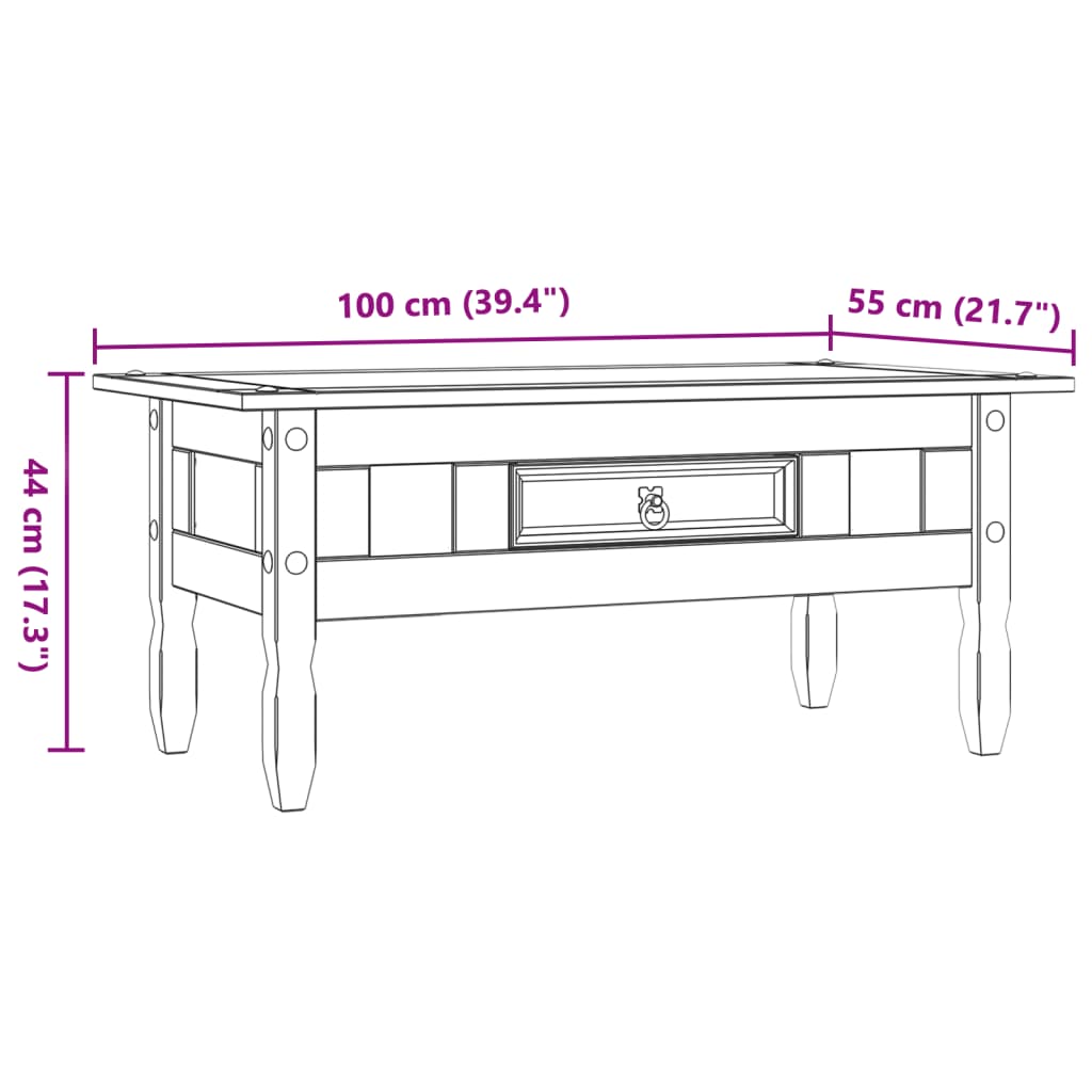 sofabord i mexicansk fyrretræ Corona-serien 100 x 55 x 44 cm