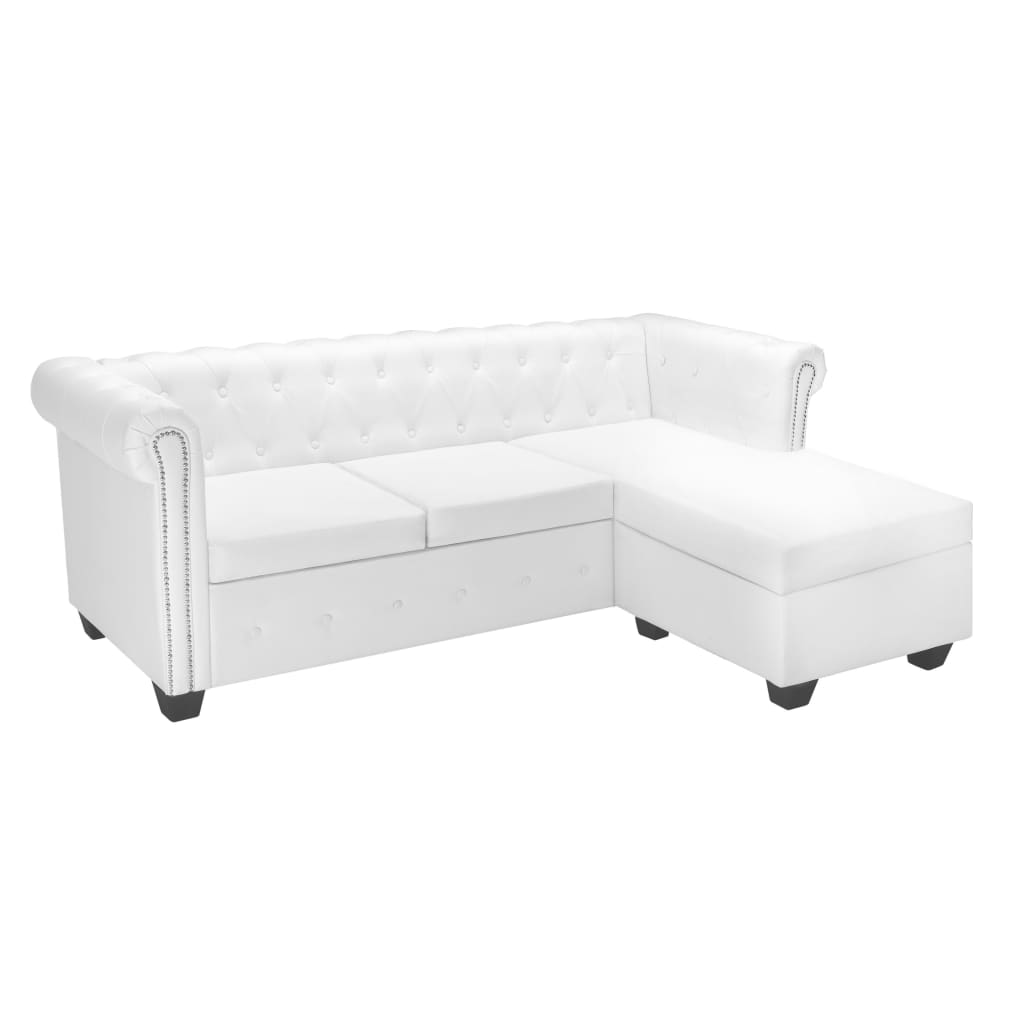 L-formet Chesterfield sofa kunstlæder hvid