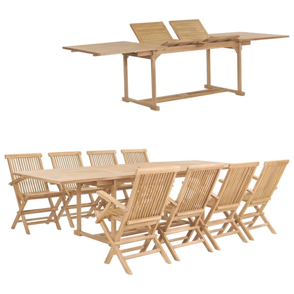 udendørs spisebordssæt 9 dele 180-280x100x75 cm massivt teak