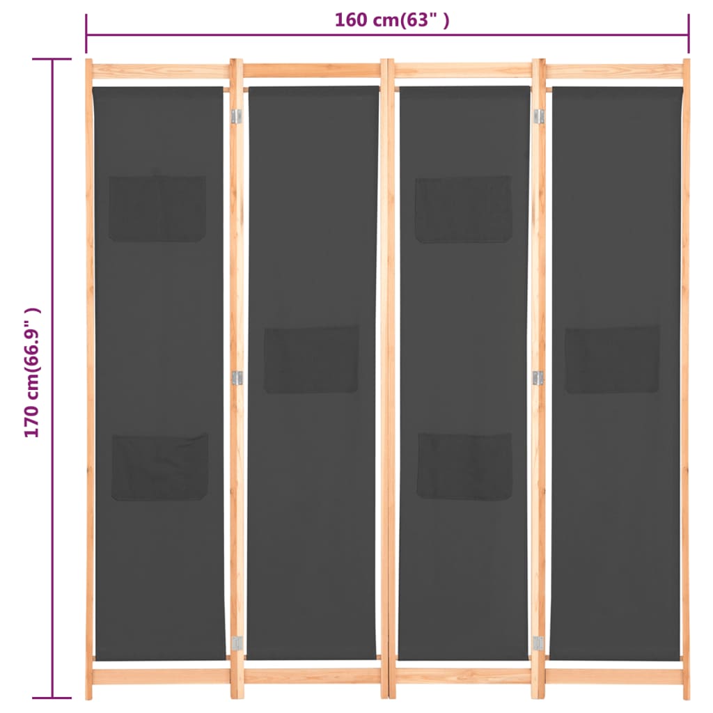 4-panels rumdeler 160 x 170 x 4 cm stof grå