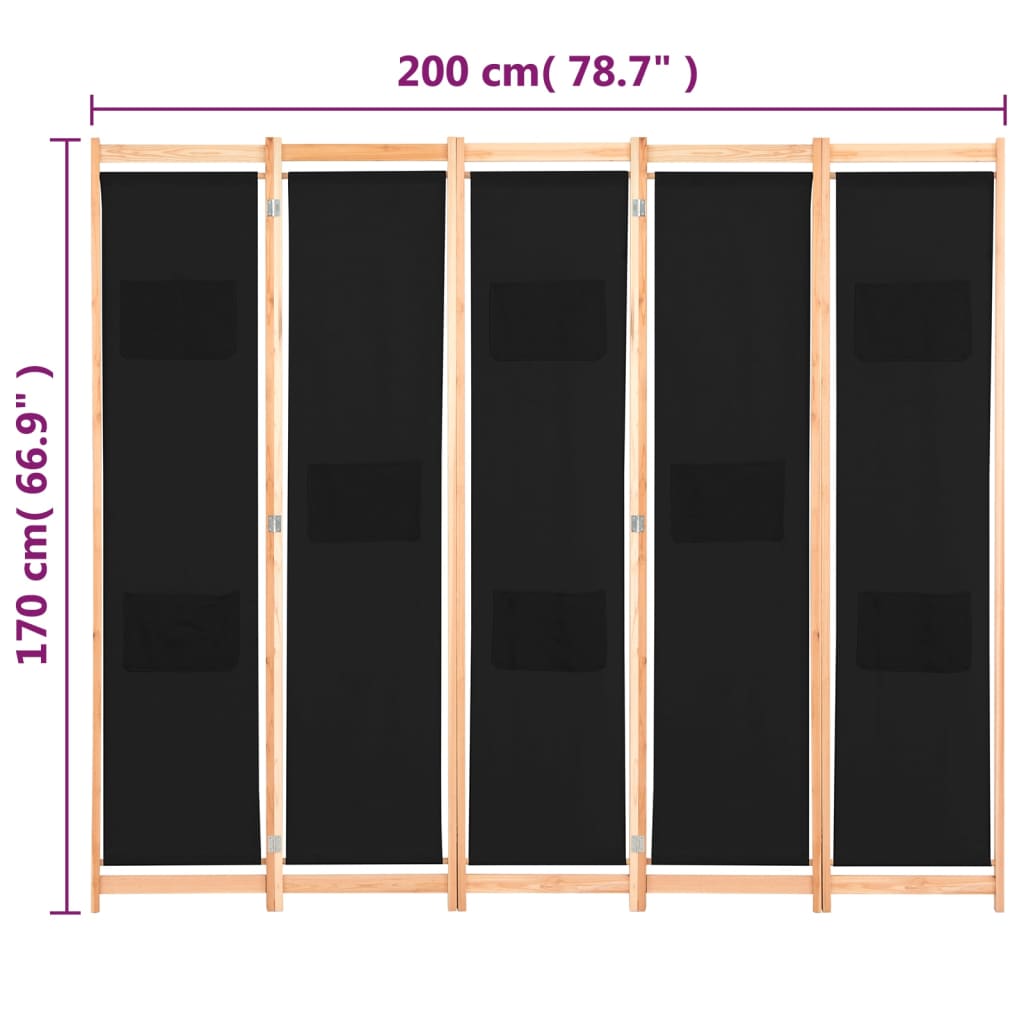 5-panels rumdeler 200 x 170 x 4 cm stof sort