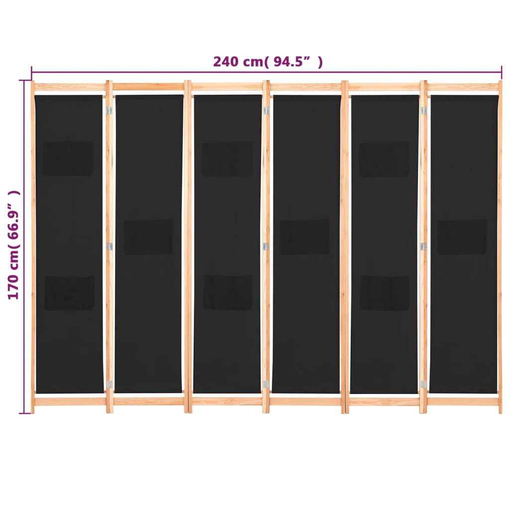 6-panels rumdeler 240 x 170 x 4 cm stof sort