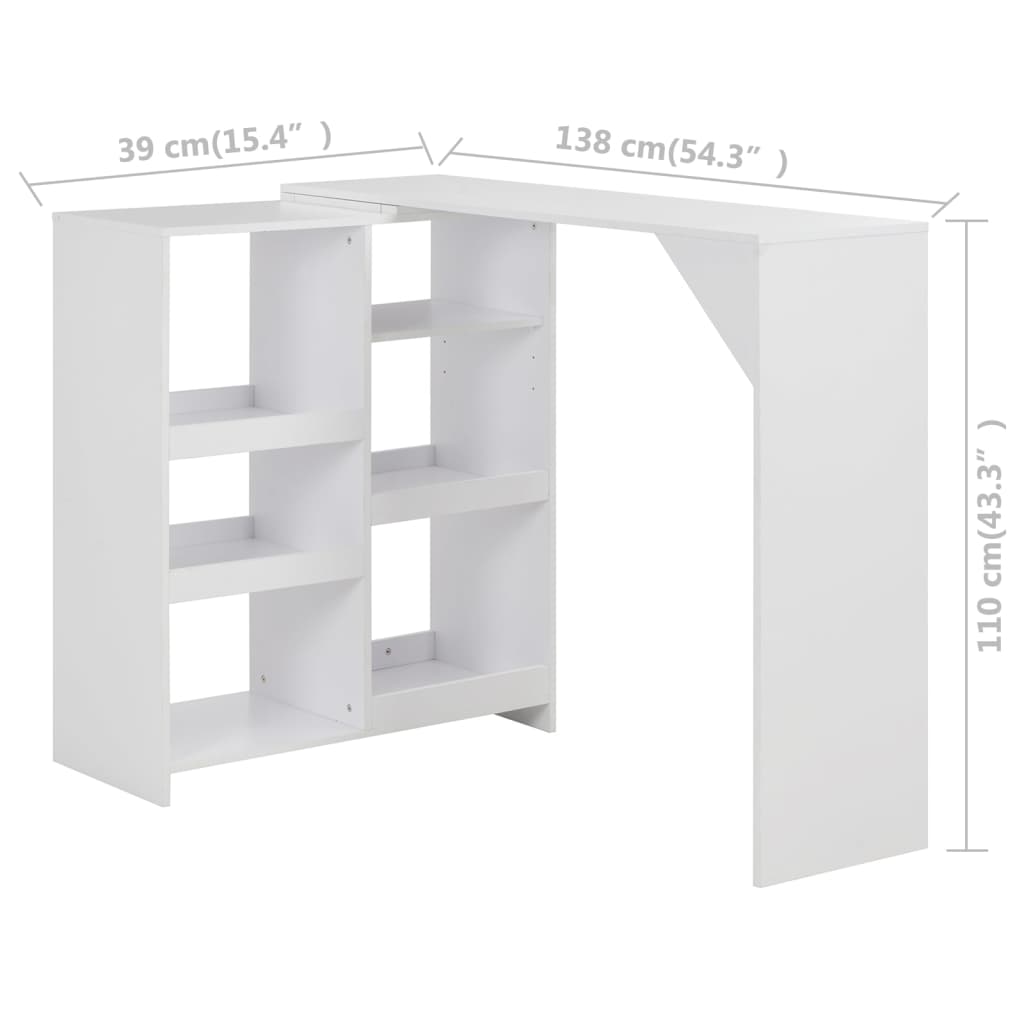 barbord med flytbar hylde 138x39x110 cm hvid