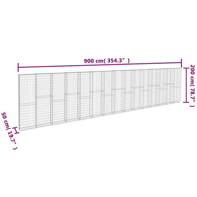 gabionvæg med dæksler galvaniseret stål 900 x 50 x 200 cm