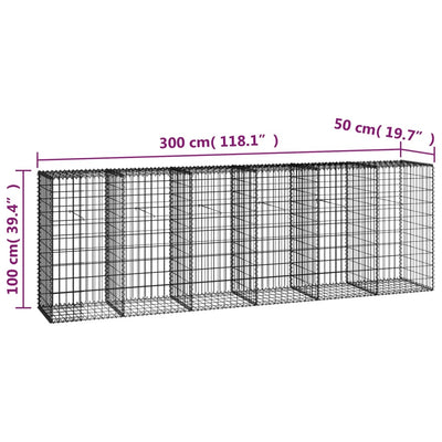 gabionvæg med dæksler galvaniseret stål 300 x 50 x 100 cm