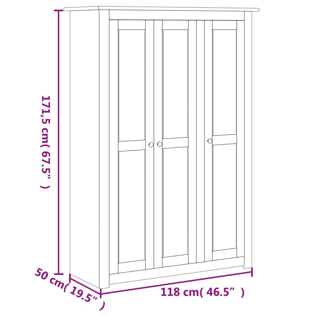 klædeskab med 3 låger 118 x 50 x 171,5 cm fyrretræ hvid Panama