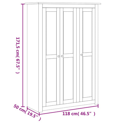 klædeskab med 3 låger 118 x 50 x 171,5 cm fyrretræ hvid Panama