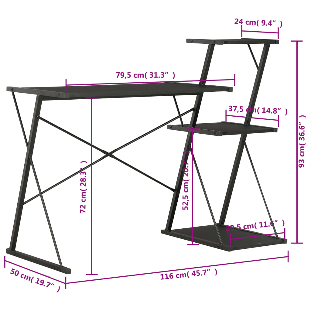 skrivebord med hylde 116x50x93 cm sort