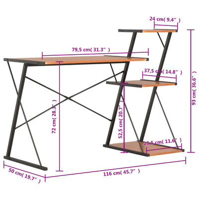 skrivebord med hylde 116x50x93 cm sort og brun