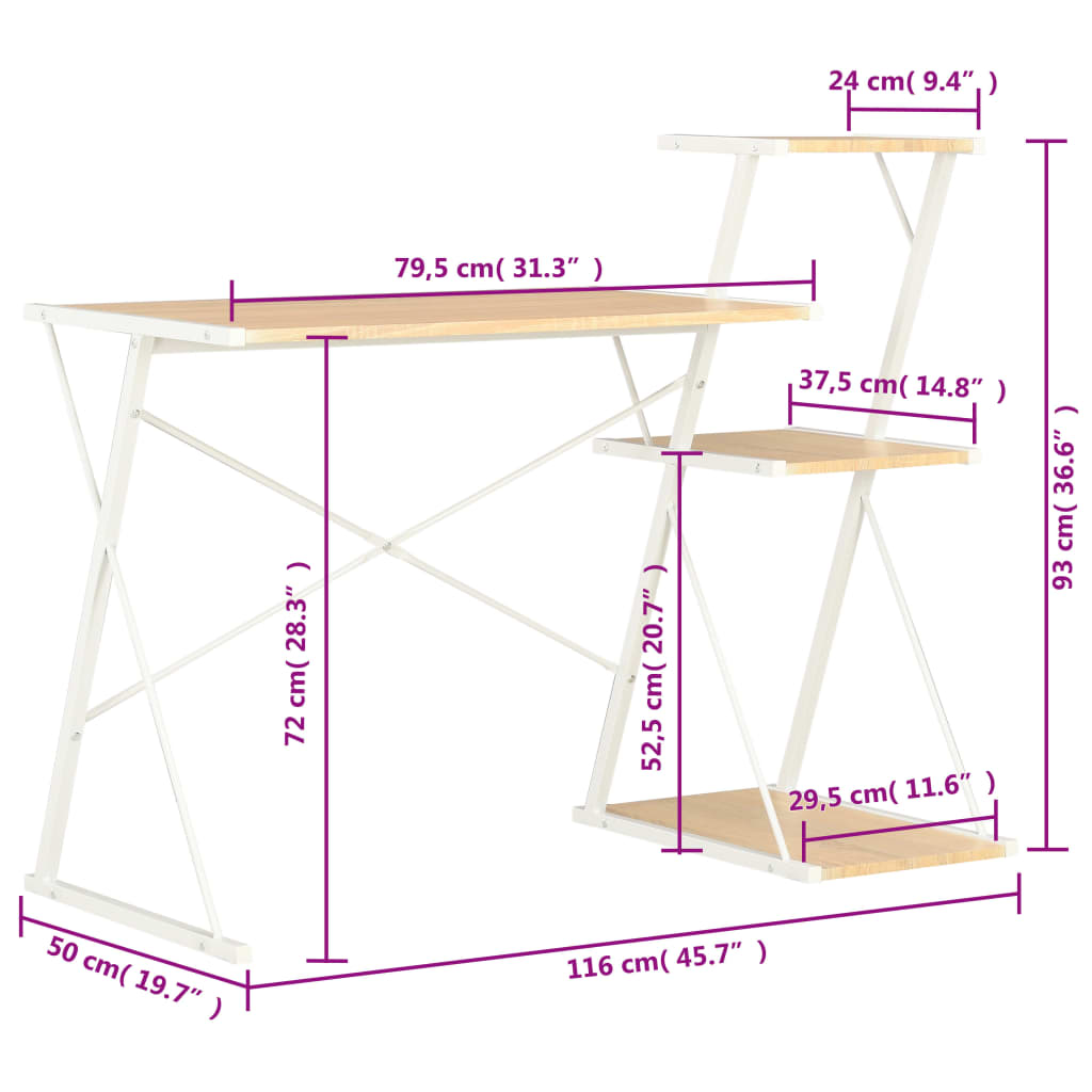 skrivebord med hylde 116x50x93 cm hvid og egetræsfarve