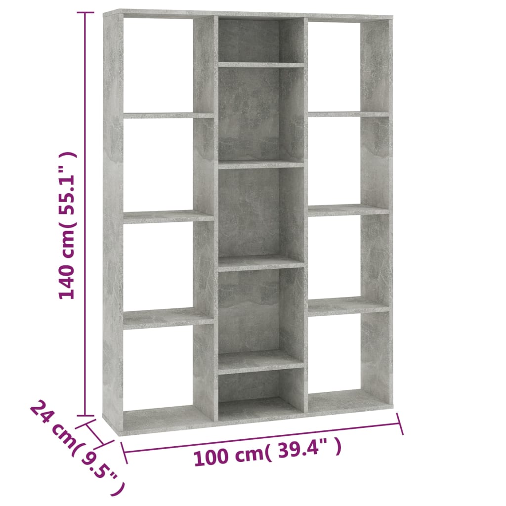 rumdeler/bogreol 100x24x140 cm konstrueret træ betongrå