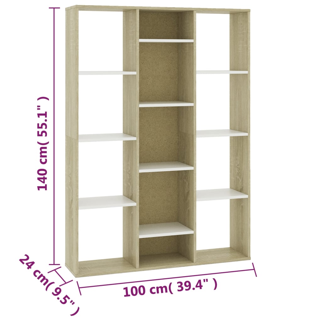 rumdeler/bogreol 100x24x140cm konstrueret træ hvid og sonoma-eg