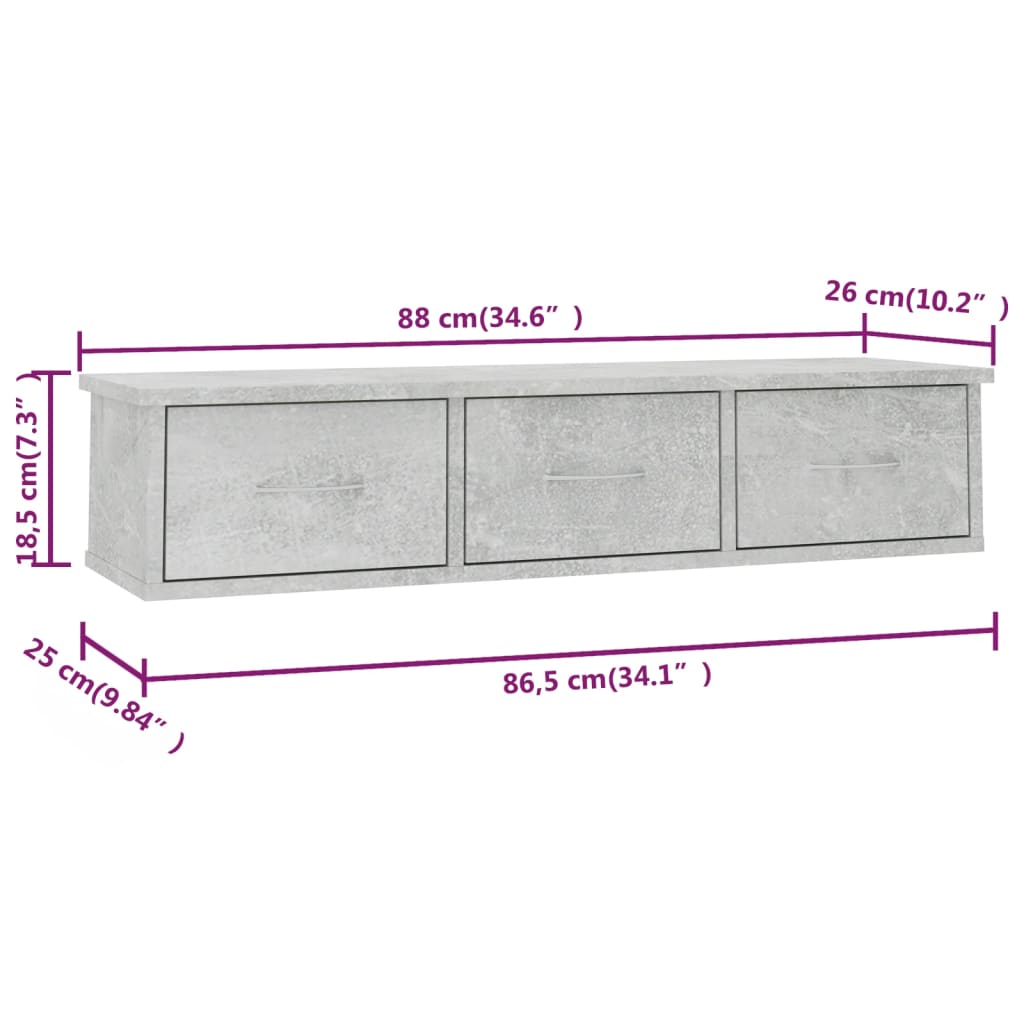 vægskab med skuffer 88x26x18,5 cm konstrueret træ betongrå