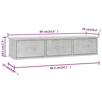 vægskab med skuffer 88x26x18,5 cm konstrueret træ betongrå