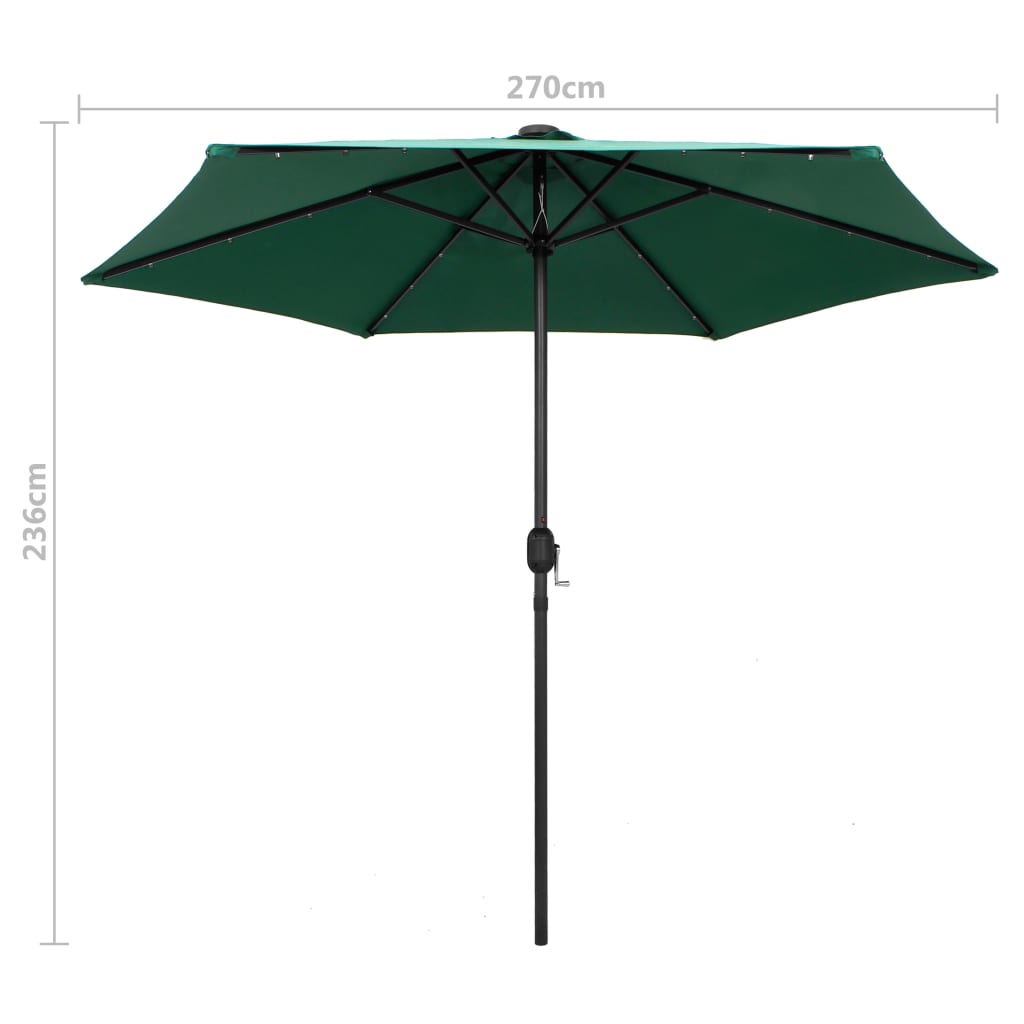 parasol med LED-lys og aluminiumsstang 270 cm grøn