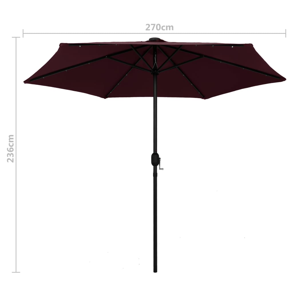 parasol med LED-lys og aluminiumsstang 270 cm bordeauxfarvet