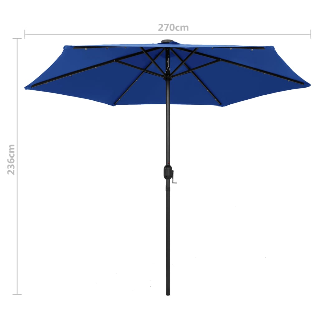 parasol med LED-lys og aluminiumsstang 270 cm azurblå