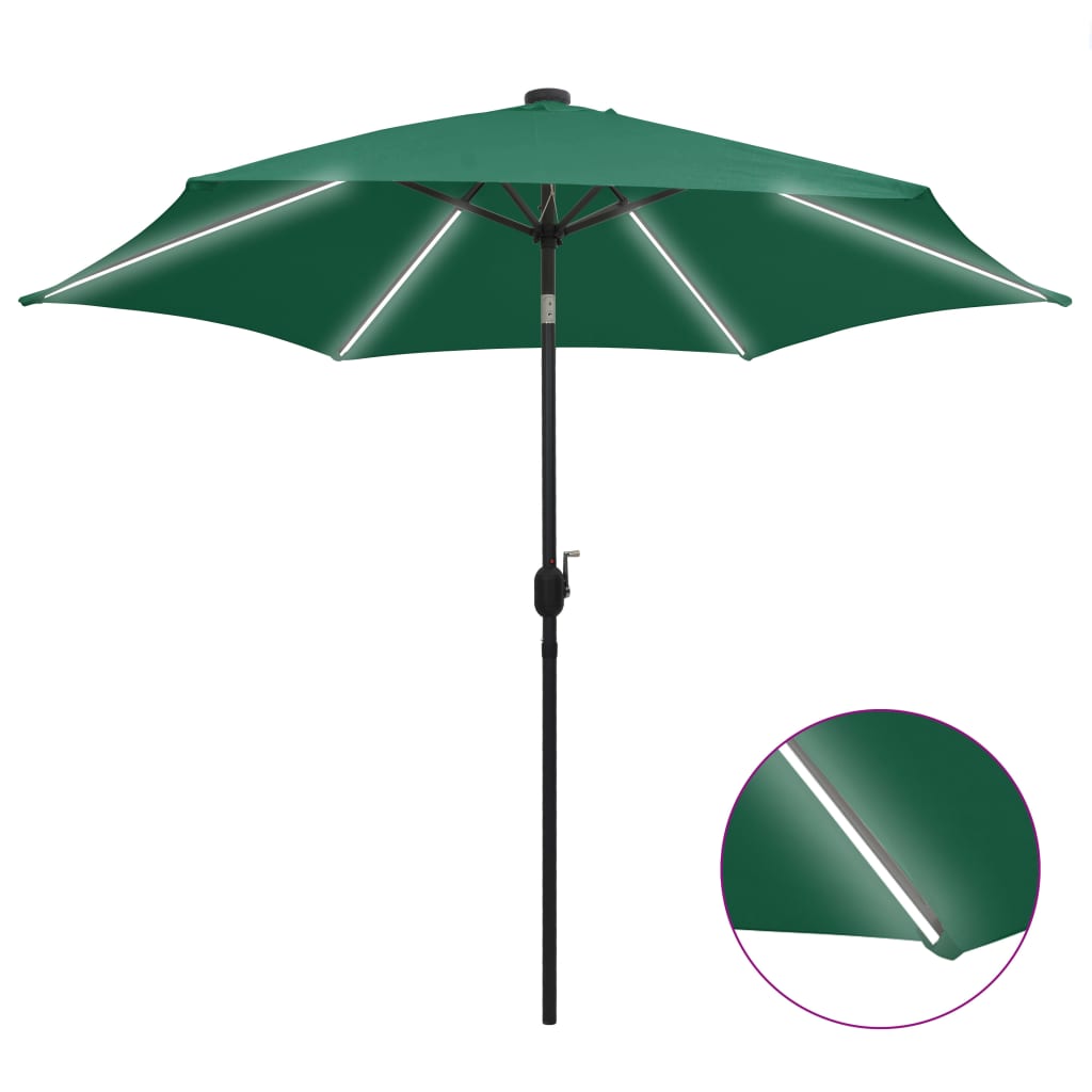 parasol med LED-lys og aluminiumsstang 300 cm grøn