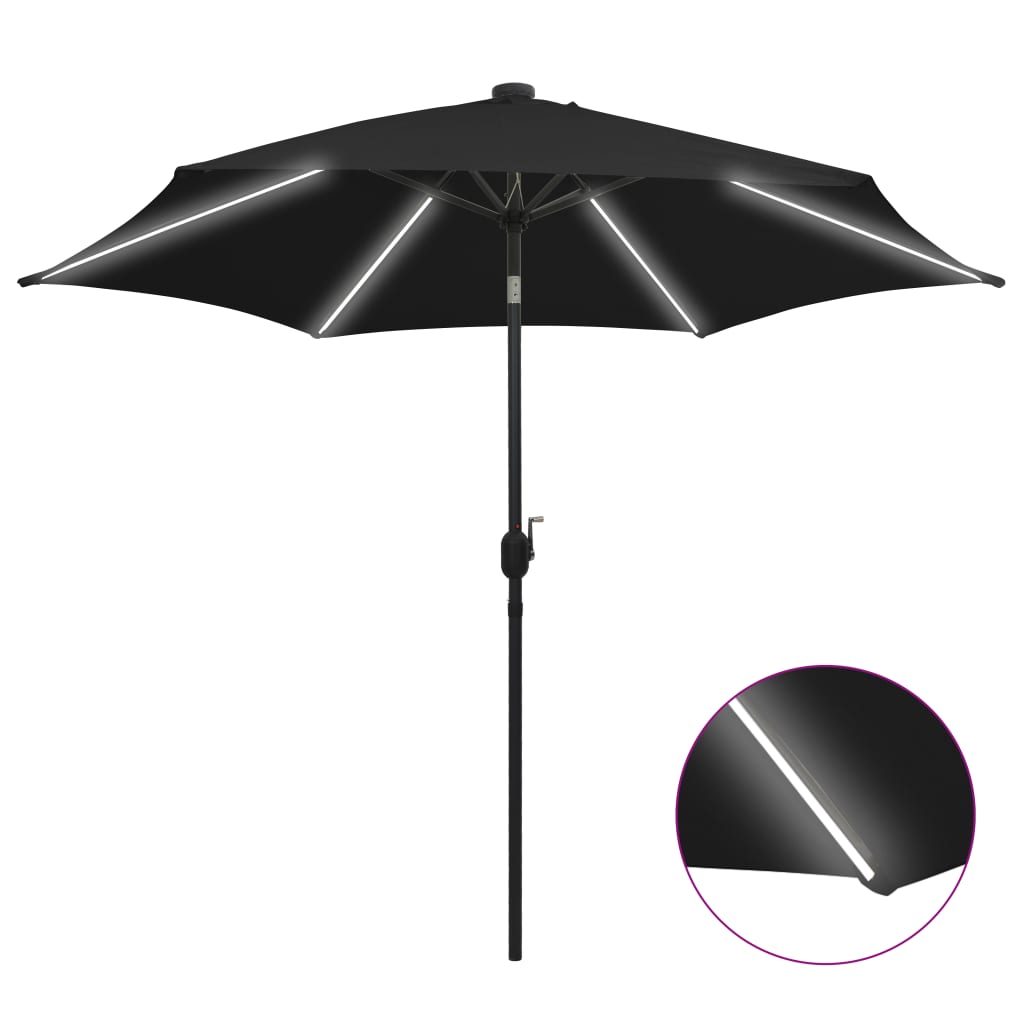 parasol med LED-lys og aluminiumsstang 300 cm sort