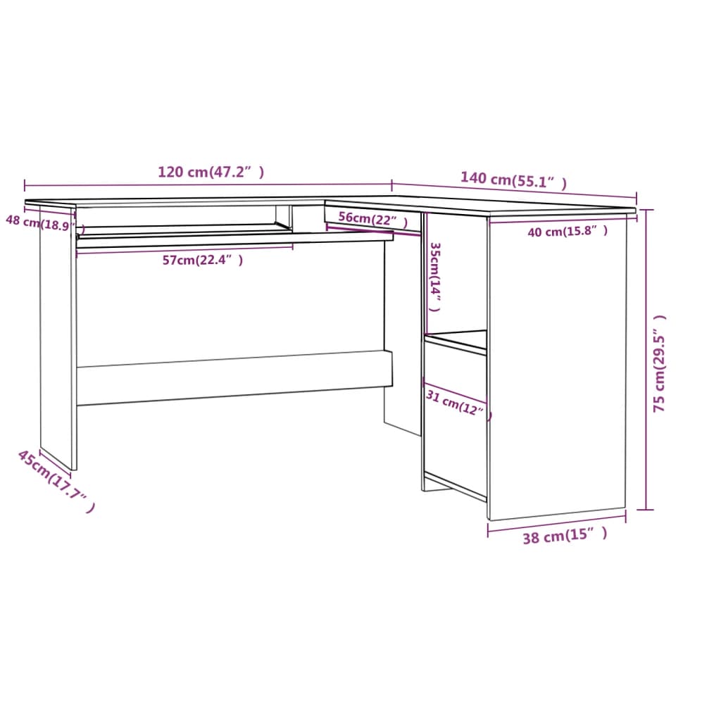 L-formet skrivebord 120x140x75 cm konstrueret træ betongrå