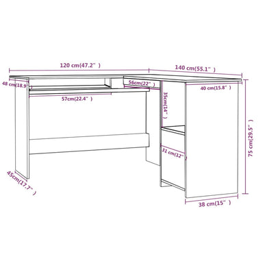 L-formet skrivebord 120x140x75 cm konstrueret træ betongrå