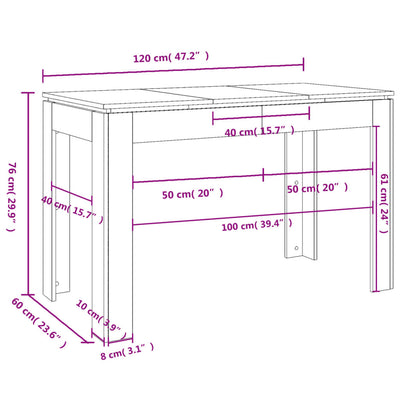 spisebord 120x60x76 cm konstrueret træ hvid