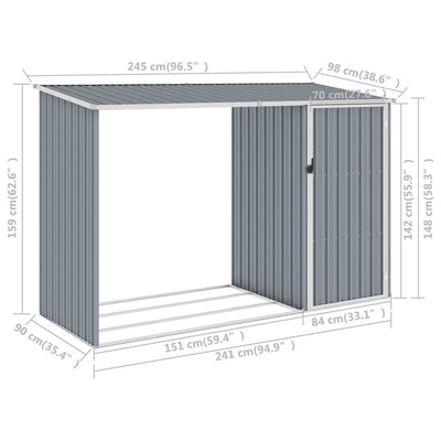 brændeskur 245x98x159 cm galvaniseret stål grå