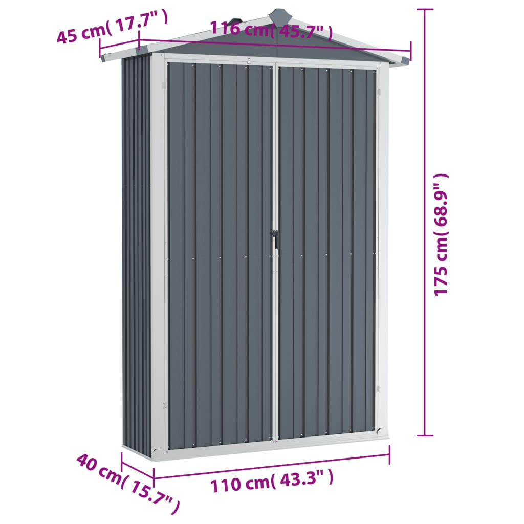 haveskur 116x45x175 cm galvaniseret stål grå