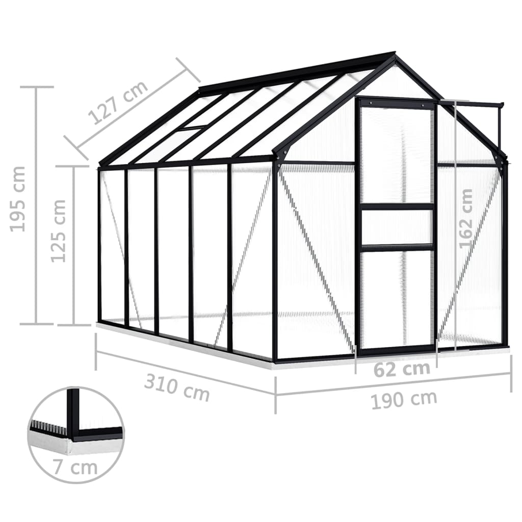 drivhus med fundamentramme 5,89 m² aluminium antracitgrå