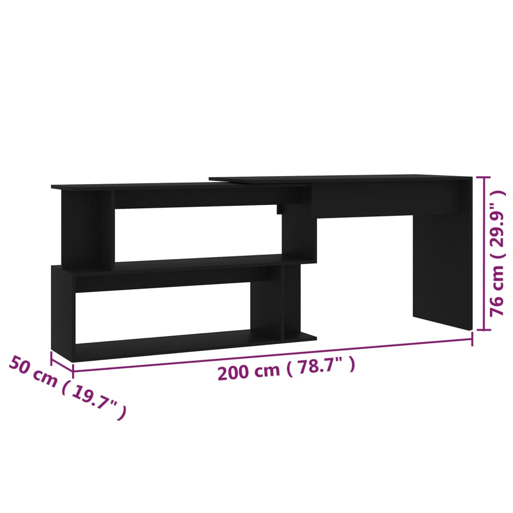 skrivebord til hjørne 200x50x76 cm konstrueret træ sort