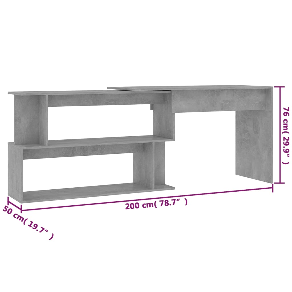 skrivebord til hjørne 200x50x76 cm konstrueret træ betongrå