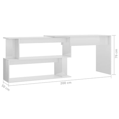 skrivebord til hjørne200x50x76cm konstrueret træ hvid højglans