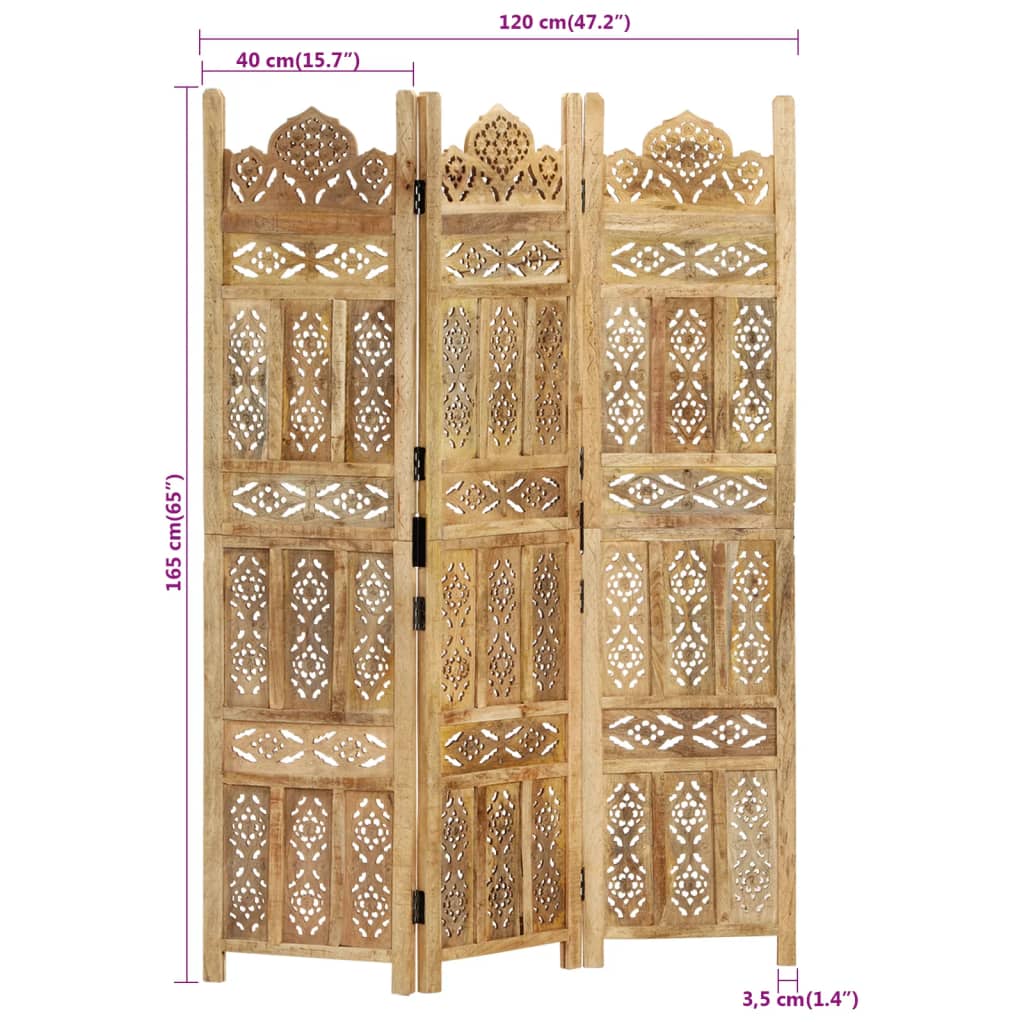 3-panels rumdeler håndskåret 120 x 165 cm massivt mangotræ