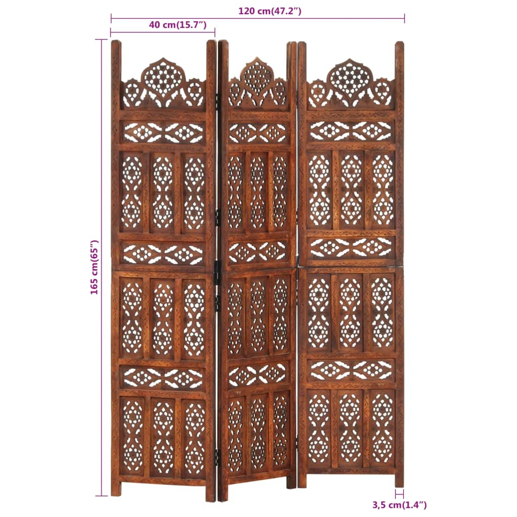 3-panels rumdeler håndskåret 120 x 165 cm massivt mangotræ brun