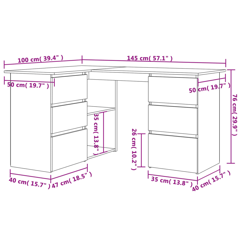 skrivebord til hjørne 145x100x76 cm konstrueret træ hvid