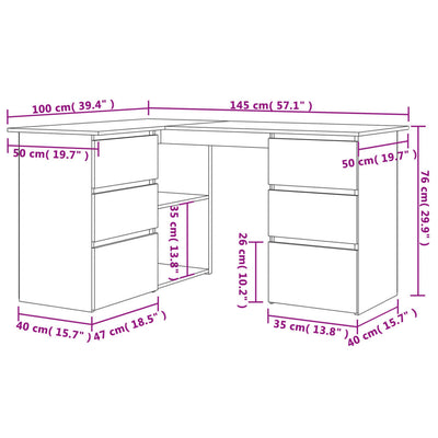 skrivebord til hjørne145x100x76cm konstrueret træ hvid højglans