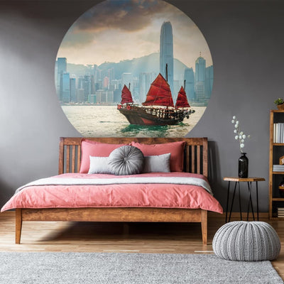 WallArt tapetcirkel Skyline with Junk Boat 142,5 cm