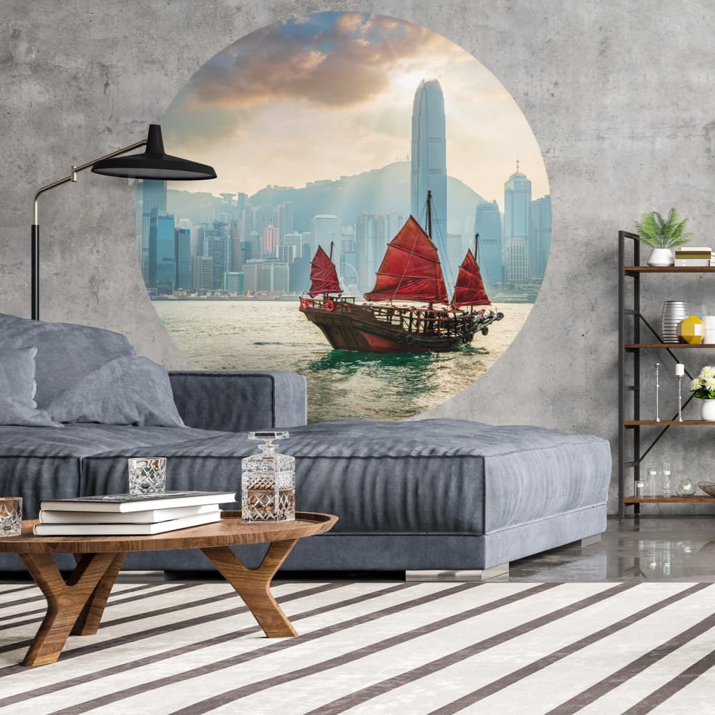 WallArt tapetcirkel Skyline with Junk Boat 142,5 cm