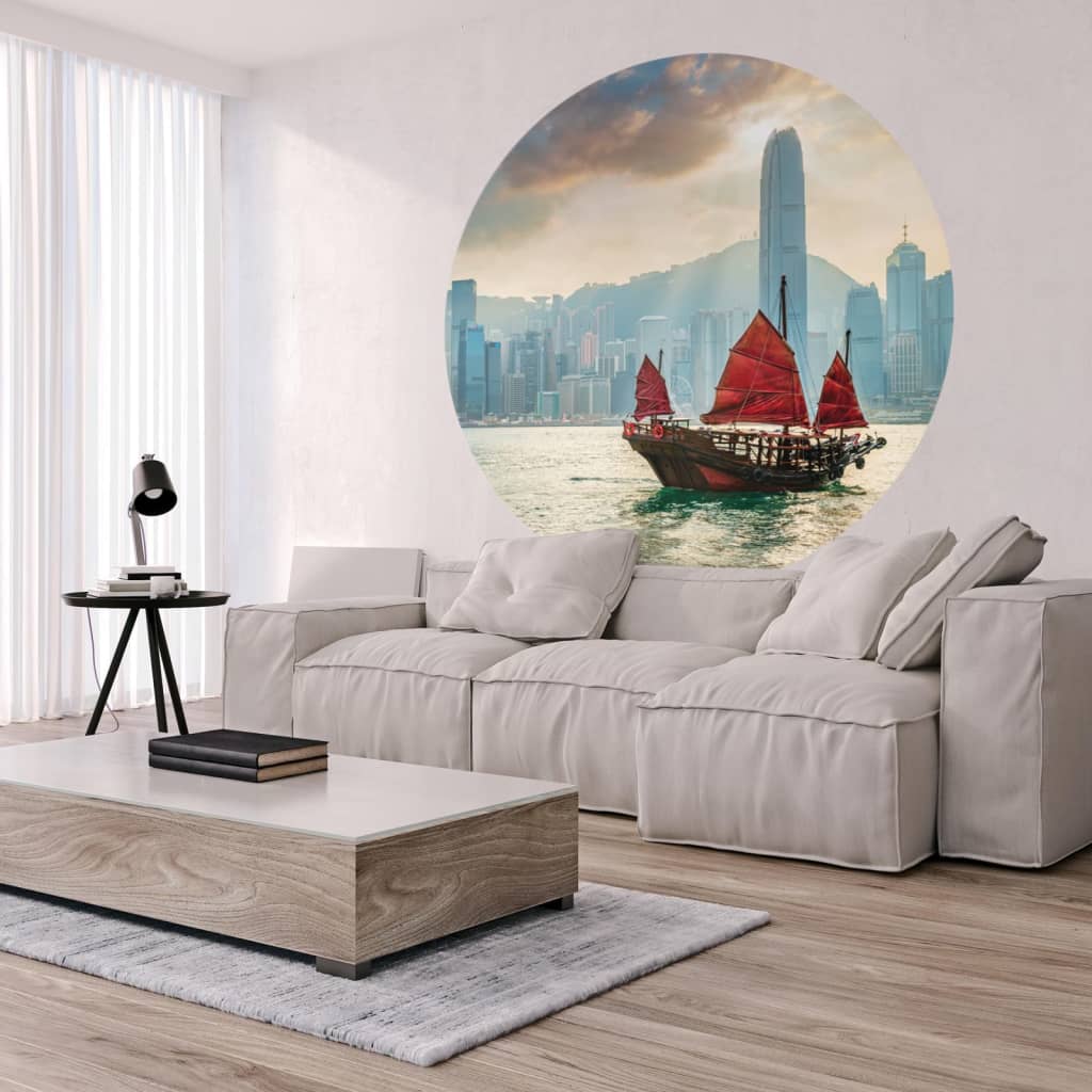 WallArt tapetcirkel Skyline with Junk Boat 142,5 cm