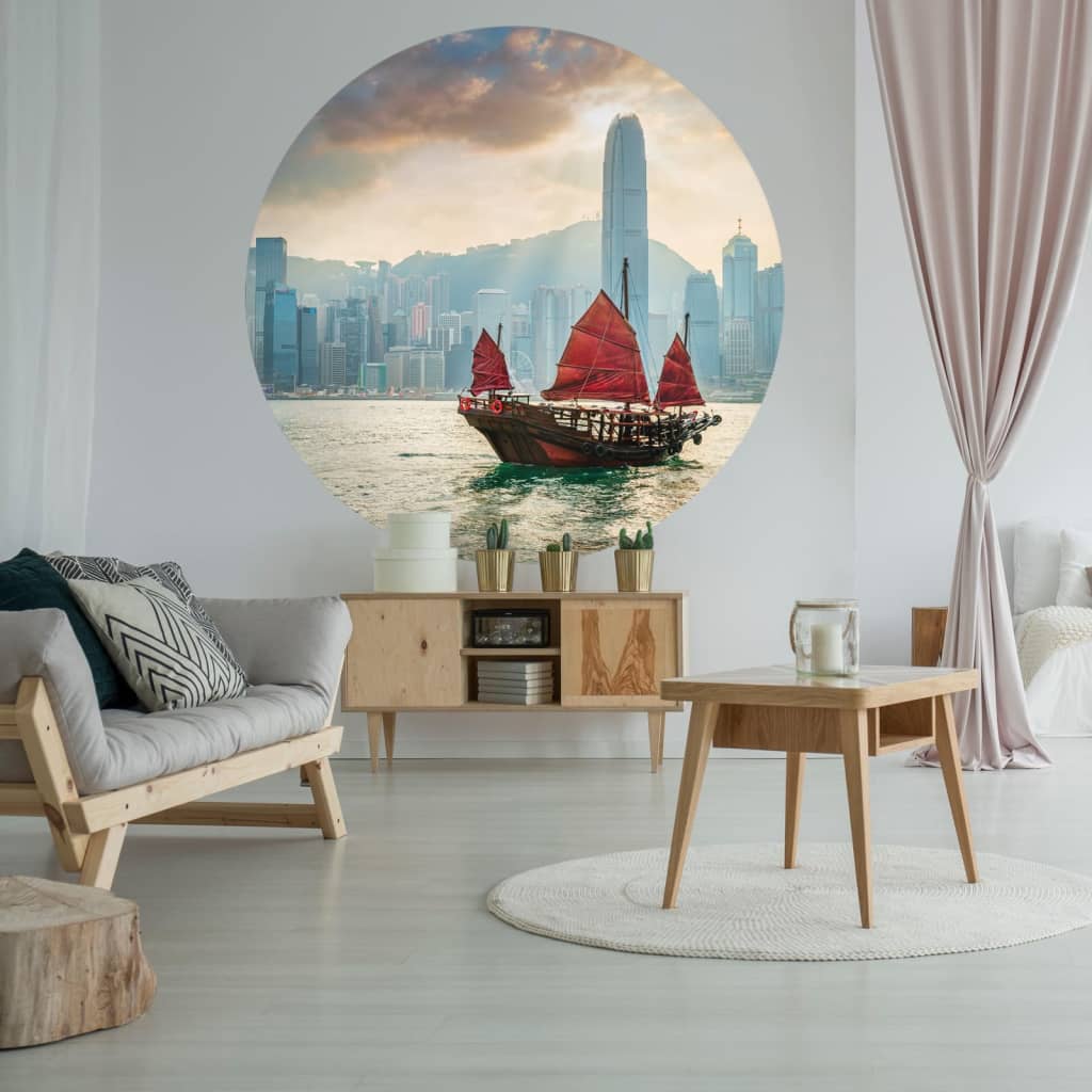 WallArt tapetcirkel Skyline with Junk Boat 142,5 cm