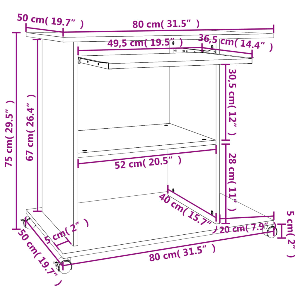 computerbord 80x50x75 cm konstrueret træ hvid