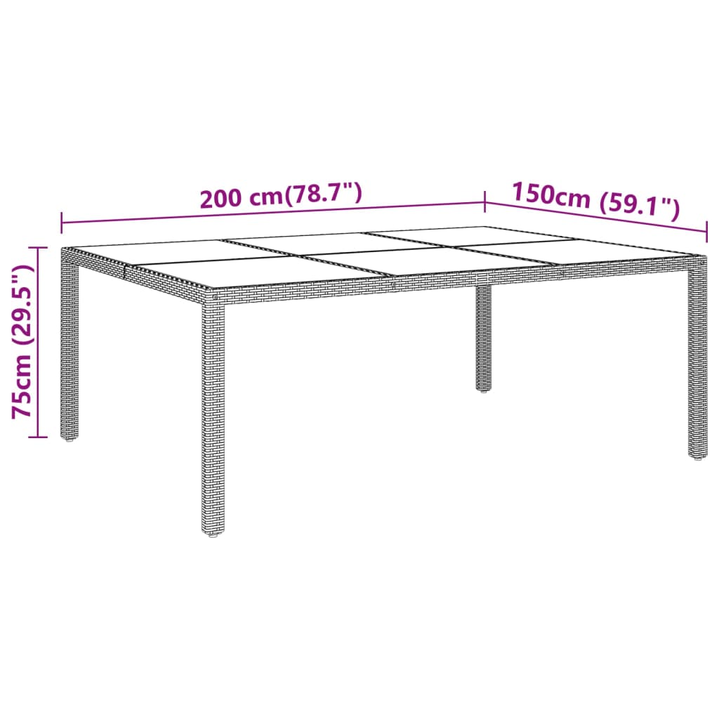 havebord 200x150x75 cm hærdet glas og polyrattan sort