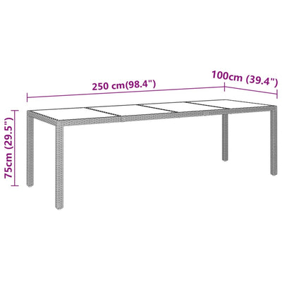 havebord 250x100x75 cm hærdet glas og polyrattan grå