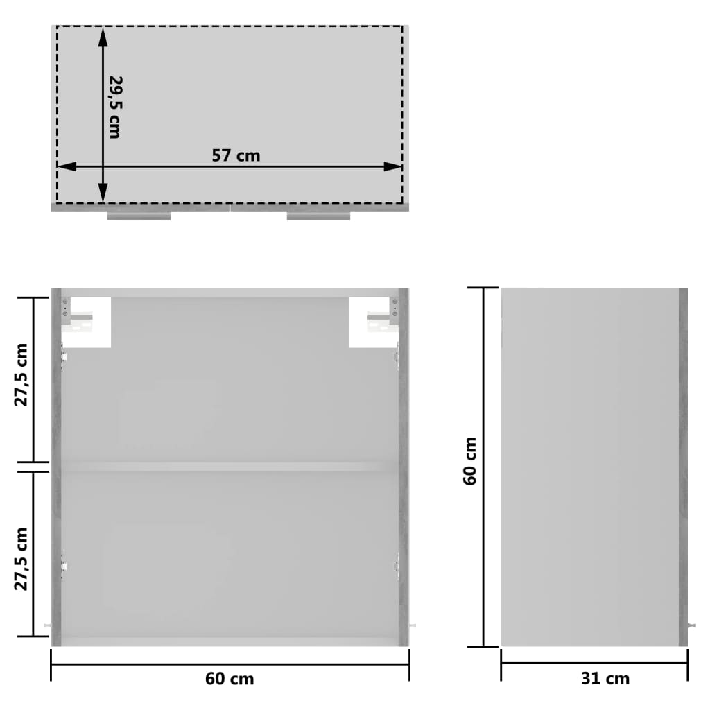 vægskab med glaslåger 60x31x60 cm konstrueret træ betongrå